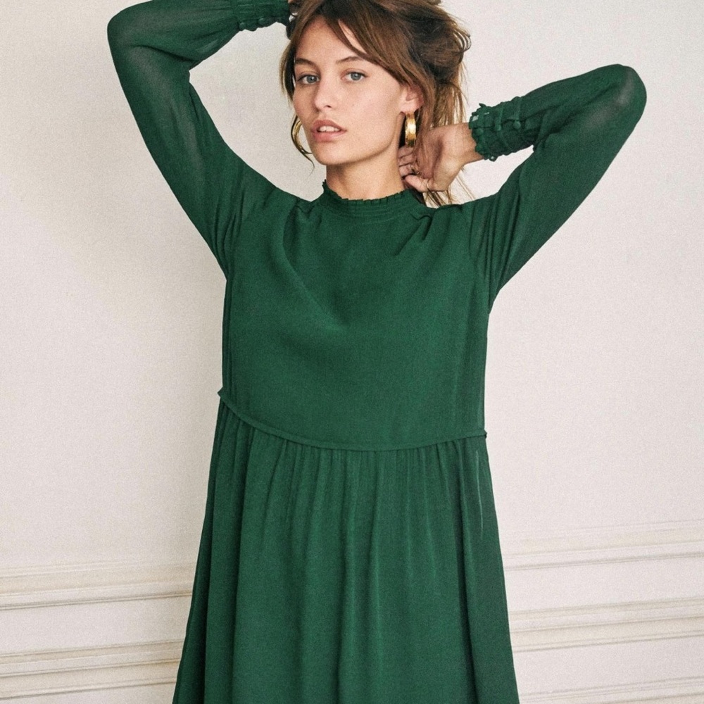 Sezane Forest Green Long Sleeve Smocked Waist Dress